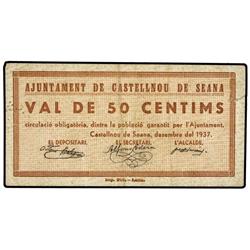50 Cèntims. Desembre 1937. Aj. de CASTELLNOU DE SEANA. (Algo sucio. Rotura en margen derecho). MUY E