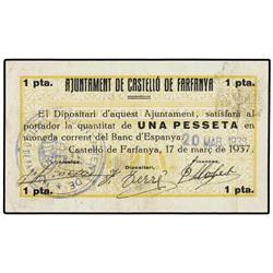 1 Pesseta. 17 Març 1937. Aj. de CASTELLÓ DE FARFANYA. Sello tampón azul redondo. Firmas con nombres
