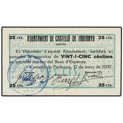 25 Cèntims. 17 Març 1937. Aj. de CASTELLÓ DE FARFANYA. Sello tampón azul redondo. Firmas con nombres