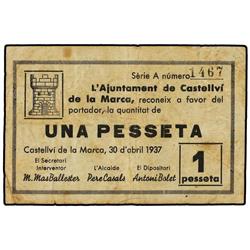 1 Pesseta. 30 d´Abril 1937. Aj. de CASTELLVÍ DE LA MARCA. (Algo sucio). MUY ESCASO. AT-780; T-903. M