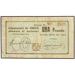 1 Pesseta. Juliol 1937. Aj. de CERVIÀ (de les GARRIGUES). Serie B. RARO. AT-813; T-947. BC+.