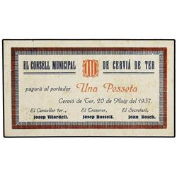 1 Pesseta. 20 Maig 1937. C.M. de CERVIA DE TER. MUY ESCASO. AT-818 ; T-952. MBC+.