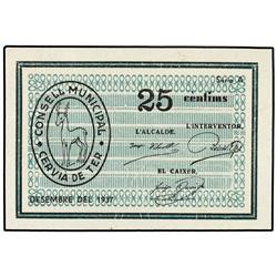 25 Cèntims. Desembre 1937. C.M. de CERVIA DE TER. (Pequeña rotura en margen superior). AT-820; T-954