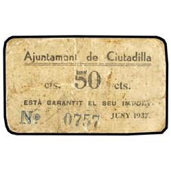 50 Cèntims. Juny 1937. Aj. de CIUTADILLA. Cartón. MUY ESCASO. AT-832a ;T-966a. MBC-.