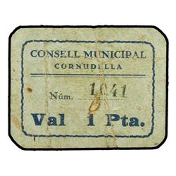 1 Pesseta. S/F. C.M. de CORNUDELLA. Cartón. MUY RARO. AT-887 ; T-1024. MBC-.