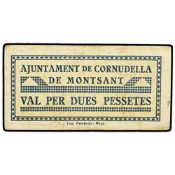 2 Pessetes. S/F. Aj. de CORNUDELLA DE MONTSANT. (Manchitas). RARISIMO. AT-892 ; T-1029. EBC.