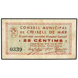 25 Cèntims. 10 Juny 1937. C.M. de CREIXELL DE MAR. (Sucio). AT-902; T-1040. MBC+.