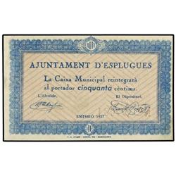 50 Cèntims. Emissió 1937. Aj. ESPLUGUES. AT-959b ; T-1101. S/C.