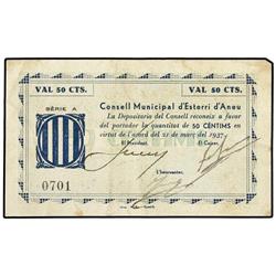 50 Cèntims. C.M. d´ESTERRI D´ANEU. Serie A, sello tampón violeta. (Manchas del tiempo). AT-970e, T-1