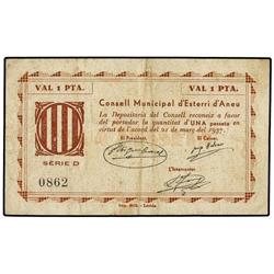 1 Pesseta. 21 Març 1937. C.M. d´ESTERRI D´ANEU. Serie D. (Algo sucio). ESCASO. AT-971a; T-1118a. MBC
