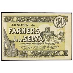 50 Cèntims. 14 Octubre 1937. Aj. de FARNERS DE LA SELVA. (Restos de adhesivo en reverso). AT-994 ; T