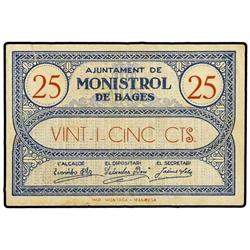 25 Cèntims. S/F. Aj. de MONISTROL DE BAGES. MUY ESCASO. AT-1525 ; T-1749. EBC-.