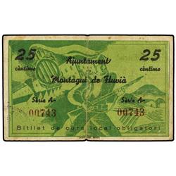 25 Cèntims. 26 Agost 1937. Aj. de MONTAGUT DE FLUVIÀ. (Rotura). AT-1534; T-1759. MBC.
