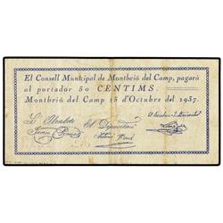 50 Cèntims. 15 Octubre 1937. (Algo sucio). ESCASO. AT-1555, T-1785. MBC+.