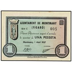1 Pesseta. 1 Abril 1937. Aj. de MONTMANY (FIGARÓ). (Pequeñas manchitas). AT-1583 b; T-1819 b. SC-.