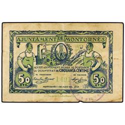 50 Cèntims. 1 Maig 1937. Aj. de MONTORNÈS. (Pequeñas roturas en margen inferior. Sucio). AT-1592; T-