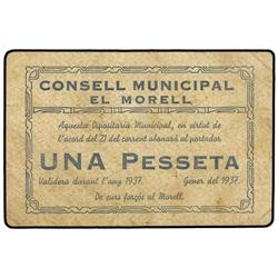 1 Pesseta. 21 Gener 1937. C.M. d´EL MORELL. Cartón. Sin sello tampón. (Algo sucio). MUY ESCASO. AT-1