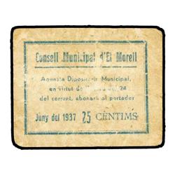 25 Cèntims. 24 Juny 1937. C.M. d´EL MORELL. Sello tampón violeta. ESCASO. AT-1625a; T-1871a. MBC-.