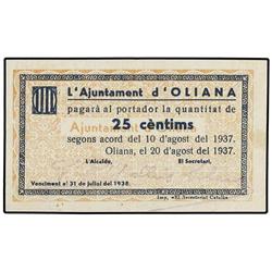 25 Cèntims. 10 Agost 1937. Aj. d´OLIANA. (Pequeñas manchitas). ESCASO. AT-1690 c ;T-1939 c. EBC.