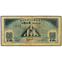 Lote 2 billetes 50 Cèntims y 1 Pesseta. S/F. Aj. d´OLÓ. (El de 1 pta. reparado con cinta adhesiva y