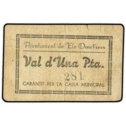 1 Pesseta. S/F. Aj. d´ELS OMELLONS. Cartón. (Algo sucio). MUY ESCASO. AT-1707; T-1962. MBC.