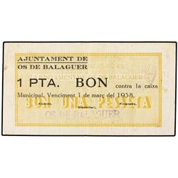 1 Pesseta. 1 Març 1938. Aj. d´OS DE BALAGUER. MUY RARO. AT-1722b; T-1977b. MBC+.