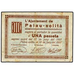 1 Pesseta. 30 Juny 1937. Aj. de PALAU-SOLITÀ. (Sucio). AT-1763a; T-2030a. MBC+.