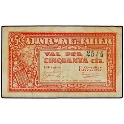50 Cèntims. S/F. Aj. de PALLEJÀ. Sin sello tampón. AT-1770b; T-2037b. MBC+.