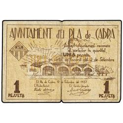 1 Pesseta. 10 Setembre 1937. Aj. d´EL PLA DE CABRA. (Rotura central). AT-1847; T-2137. MBC-.