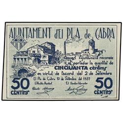 50 Cèntims. 10 Setembre 1937. Aj. d´EL PLA DE CABRA. Sin sello tampón. ESCASO. AT-1848b; T-2138b. EB