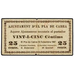 25 Cèntims. 10 Setembre 1937. Aj. d´EL PLA DE CABRA. (Pequeñas roturas en margen. Mancha en reverso)