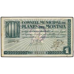 1 Pesseta. 17 Gener 1937. C.M. de PLANES DEL MONTSIÀ. (Reparaciones con adhesivo. Algo sucio). RARO.