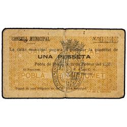 1 Pesseta. 22 Febrer 1937. C.M. de POBLA DE MAFUMET. (Roturas en margen). AT-1906; T-2200. MBC-.