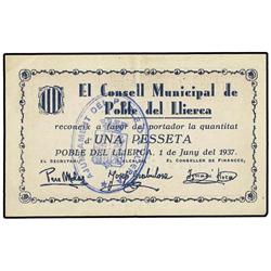 1 Pesseta. 1 Juny 1937. C.M. de POBLE DEL LLIERCA. Sello tampón azul. AT-1931a; T-2227a. MBC+.
