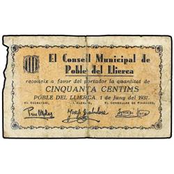 50 Cèntims. 1 Juny 1937. C.M. de POBLE DE LLIERCA. (Roturas. Pliegue central reparado). AT-1932; T-2