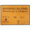 Image 1 : 2 Pessetes. S/F. Aj. de SOSES. Moneda per a refugiats. Tampón  1939 en anverso. MUY RARO. AT-2405. E