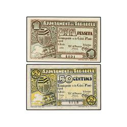 Lote 2 billetes 50 Cèntims y 1 Peseta. S/F. Aj. de TARADELL. (50 Cèntims leve manchita). AT-2432 y 2