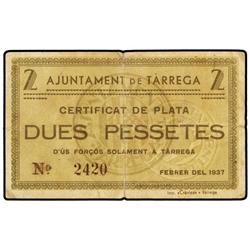 2 Pessetes. Febrer 1937. Aj. de TARREGA. (Pequeñas roturas algunas reparadas). ESCASO. AT-2440 ;T-28