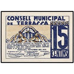 Lote 3 billetes 10, 15 y 50 Cèntims. 21 Maig 1937 y 15 Novembre 1937. C.M. de TERRASSA. AT-2457, 245