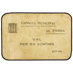 50 Céntims. 1937. C.M. de TIVISSA. (Algo sucio). MUY ESCASO. AT-2495 ; T-2890. MBC+.