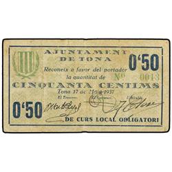 0,50 Céntims. 17 Maig 1937. Aj. de TONA. Cartulina. ESCASO. AT-2500 a ; 2895 a. (MBC+).