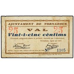 25 Cèntims. Agost 1937. Aj. de TORNABOUS. (Algo sucio, pequeña rotura central). MUY ESCASO. AT-2521;