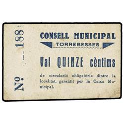 15 Cèntims. S/F. C.M. de TORREBESSES. Cartón. (Sucio). ESCASO. AT-2539; T-2952. EBC-.