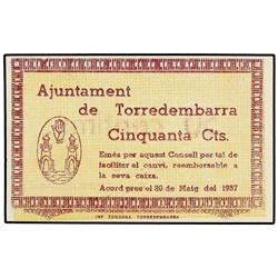50 Cèntims. 20 Maig 1937. Aj. de TORREDEMBARRA. AT-2541 b; T-2954 b. S/C.