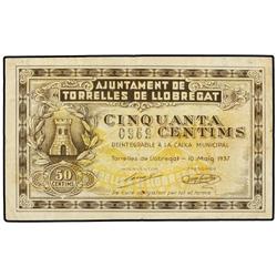 50 Cèntims. 10 Maig 1937. Aj. de TORRELLES DE LLOBREGAT. ESCASO. AT-2556b; T-2973b. MBC+.