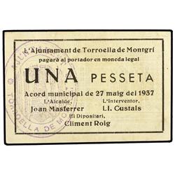 1 Pesseta. 27 Maig 1937. Aj. de TORRUELLA DE MONGRI. (Manchita en esquina). ESCASO. AT-2563 ; T-2980