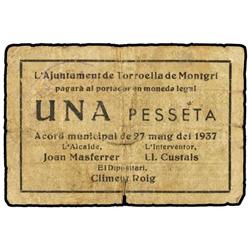 1 Pesseta. 27 Maig 1937. Aj. de TORROELLA DE MONTGRÍ. (Roturas). AT-2563; T-2980. BC+.