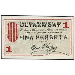 1 Pesseta. S/F. C.M. de ULTRAMORT. Sello tampón negro. AT-2622a; T-3041a. SC.