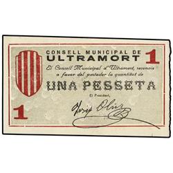 1 Pesseta. S/F. C.M. de ULTRAMORT. (Margen derecho mal cortado). AT-2622b; T-3041b. SC.