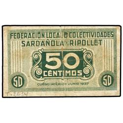 Lote 2 billetes 25 y 50 Céntimos. Juny 1937. FEDERACIÓN LOCAL DE COLECTIVIDADES SARDAÑOLA-RIPOLLET.